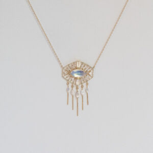Collier œil marquise en pierres de lune et diamants baguette avec détails pendentifs