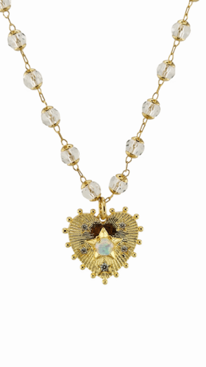 Collier chaîne cristal médaille coeur opale