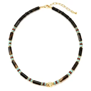 Collier DIEGO TUBES DORÉ - JADE NOIR & TURQUOISE